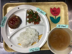 ごはん・チーズハンバーグ・ブロッコリーのおかか和え・オニオンスープ